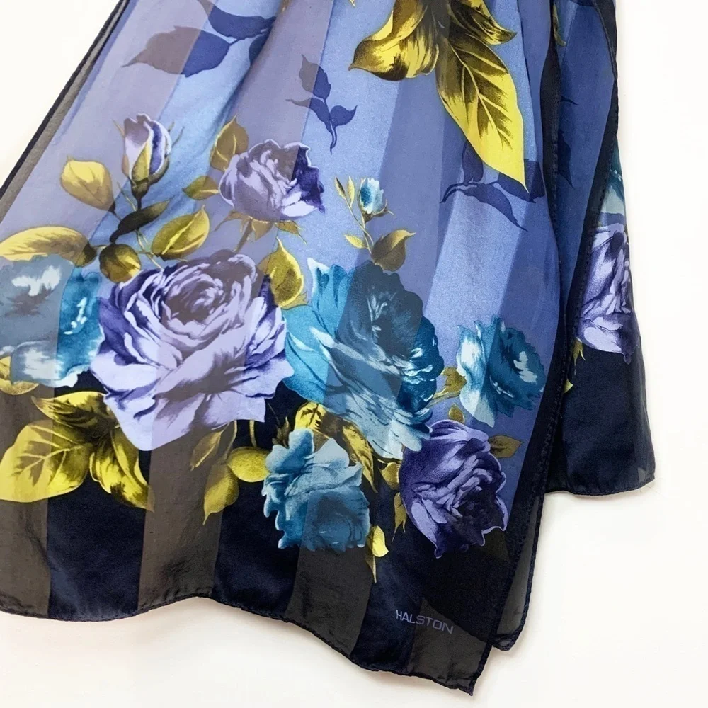 Vintage Halston Red 100% Silk Blue/Green Floral Rose Bandana Scarf Made in Korea